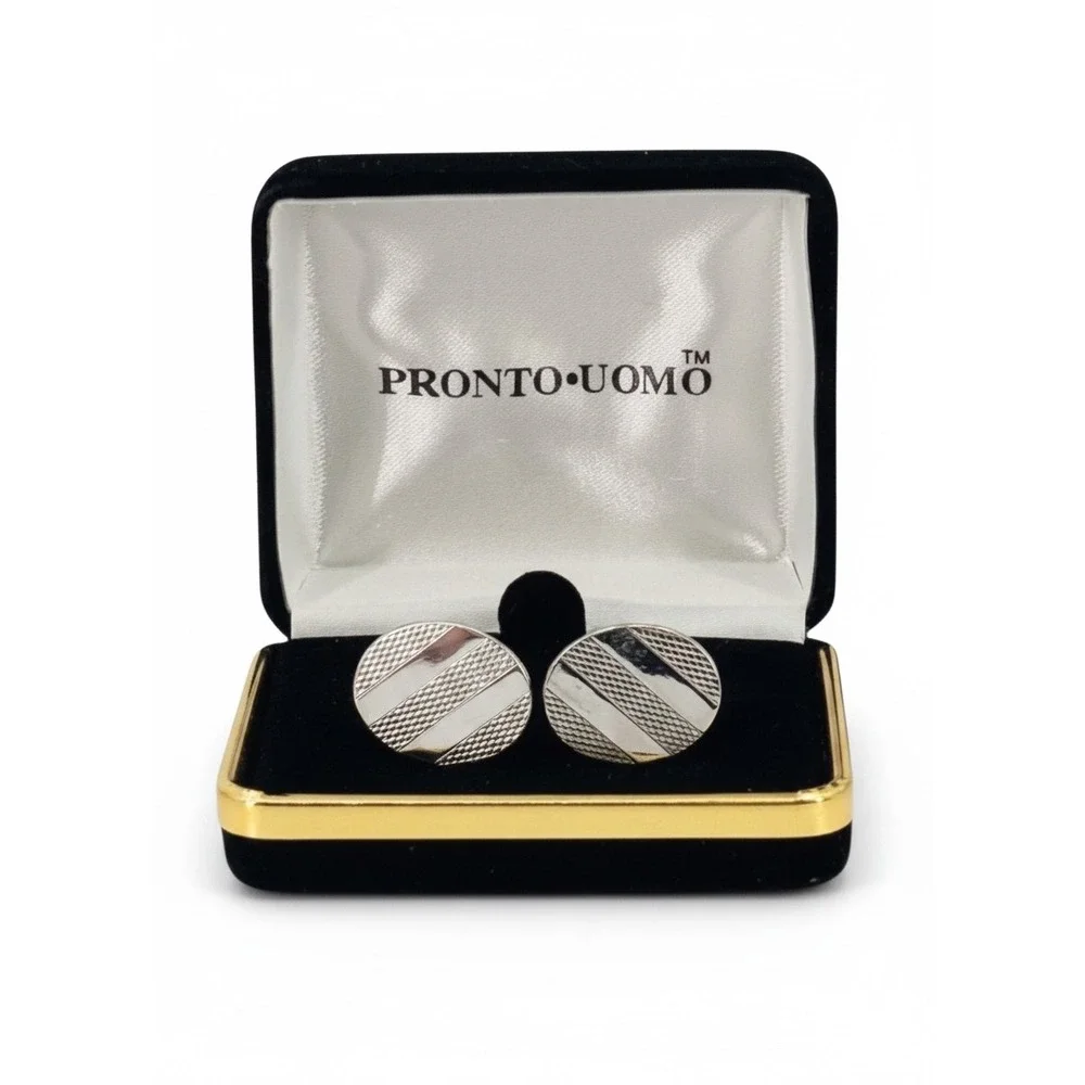 Pronto Uomo Silver Tone Round Cufflinks Diagonal Stripe Textured with Box Mens
